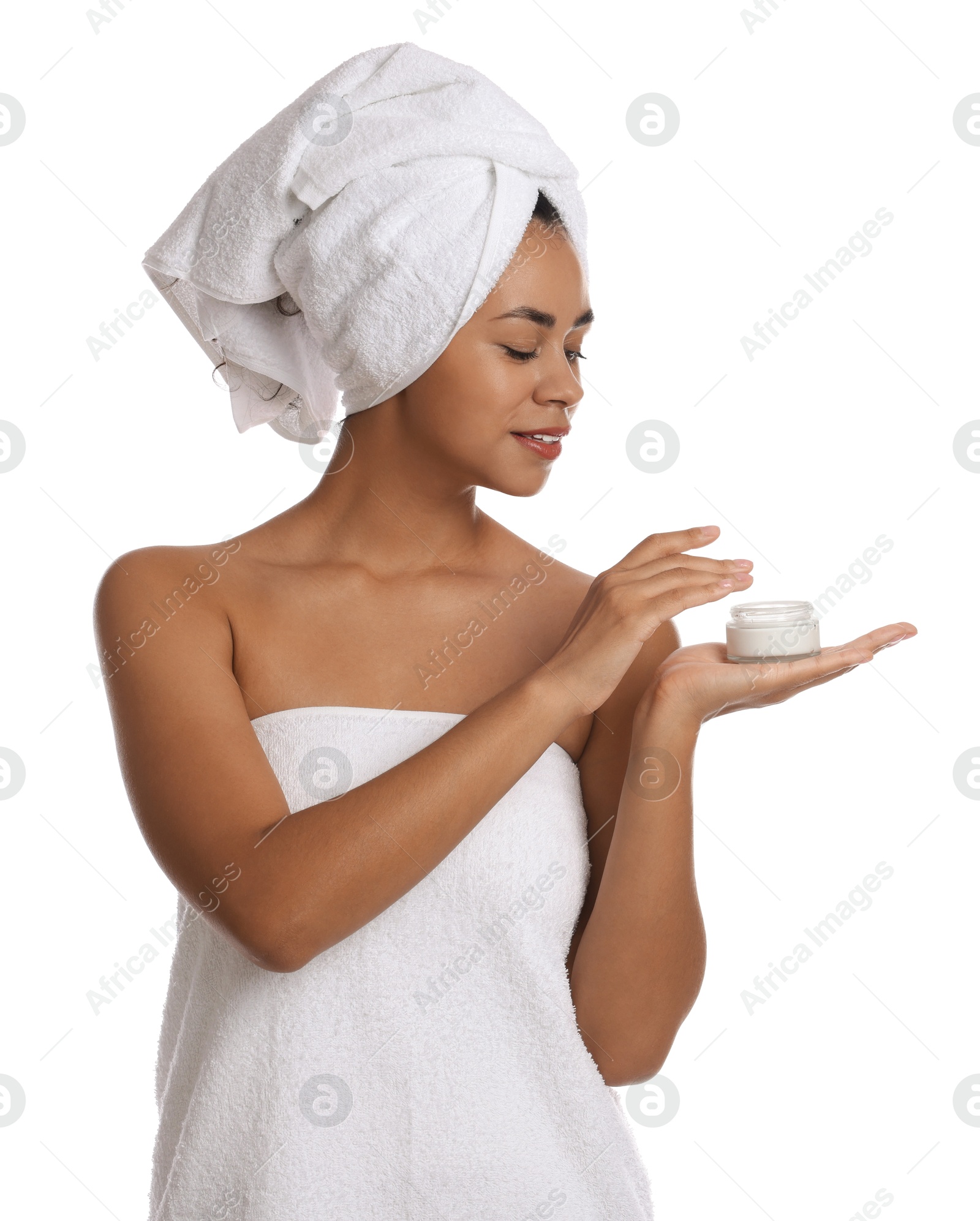 Photo of Beautiful woman with jar of cream on white background