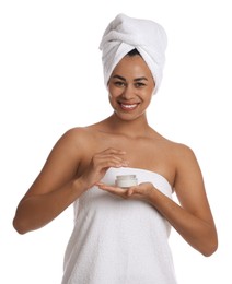 Photo of Beautiful woman with jar of cream on white background