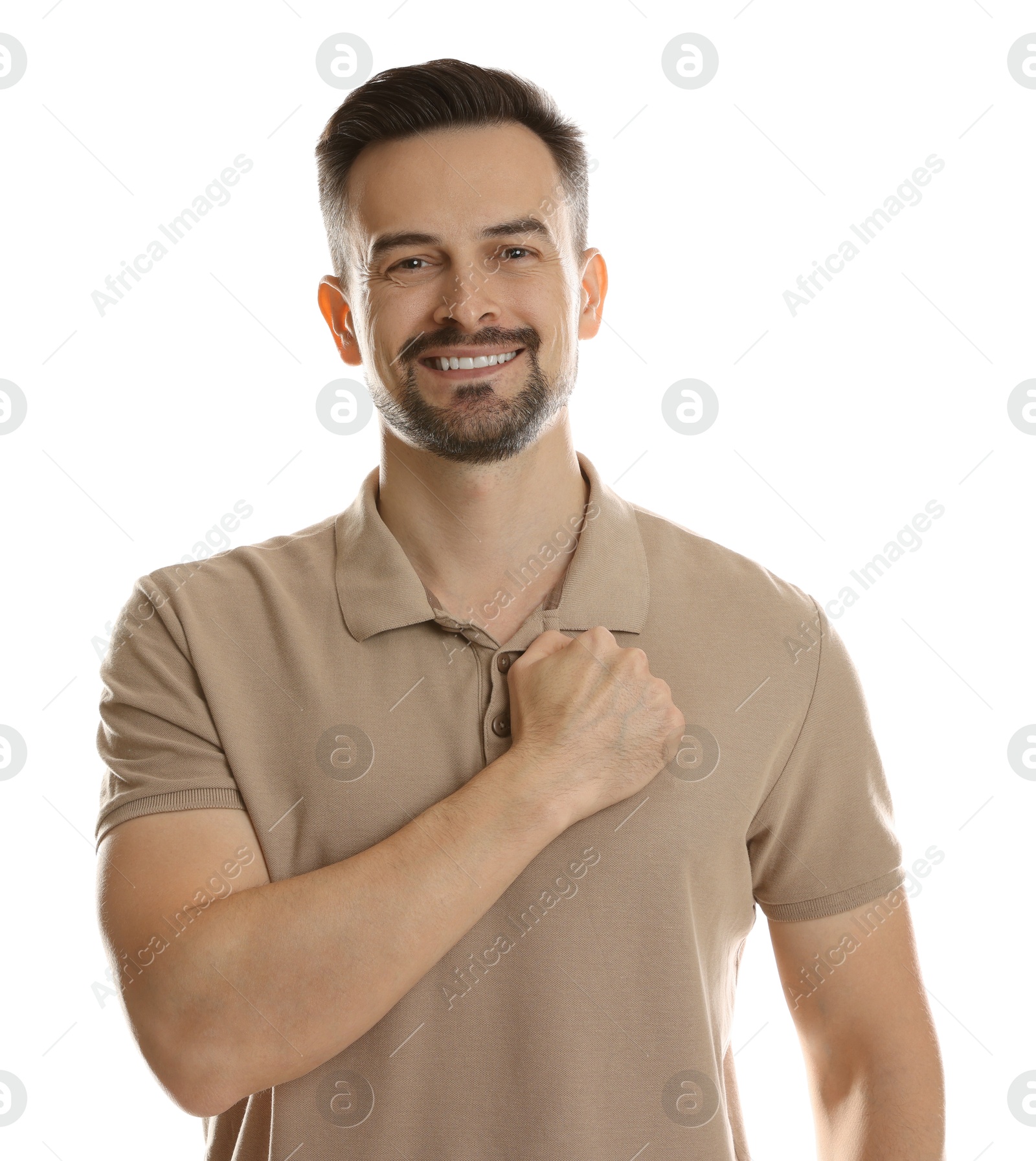 Photo of Man making promise on white background. Oath gesture