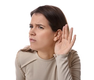 Photo of Woman showing hand to ear gesture on white background