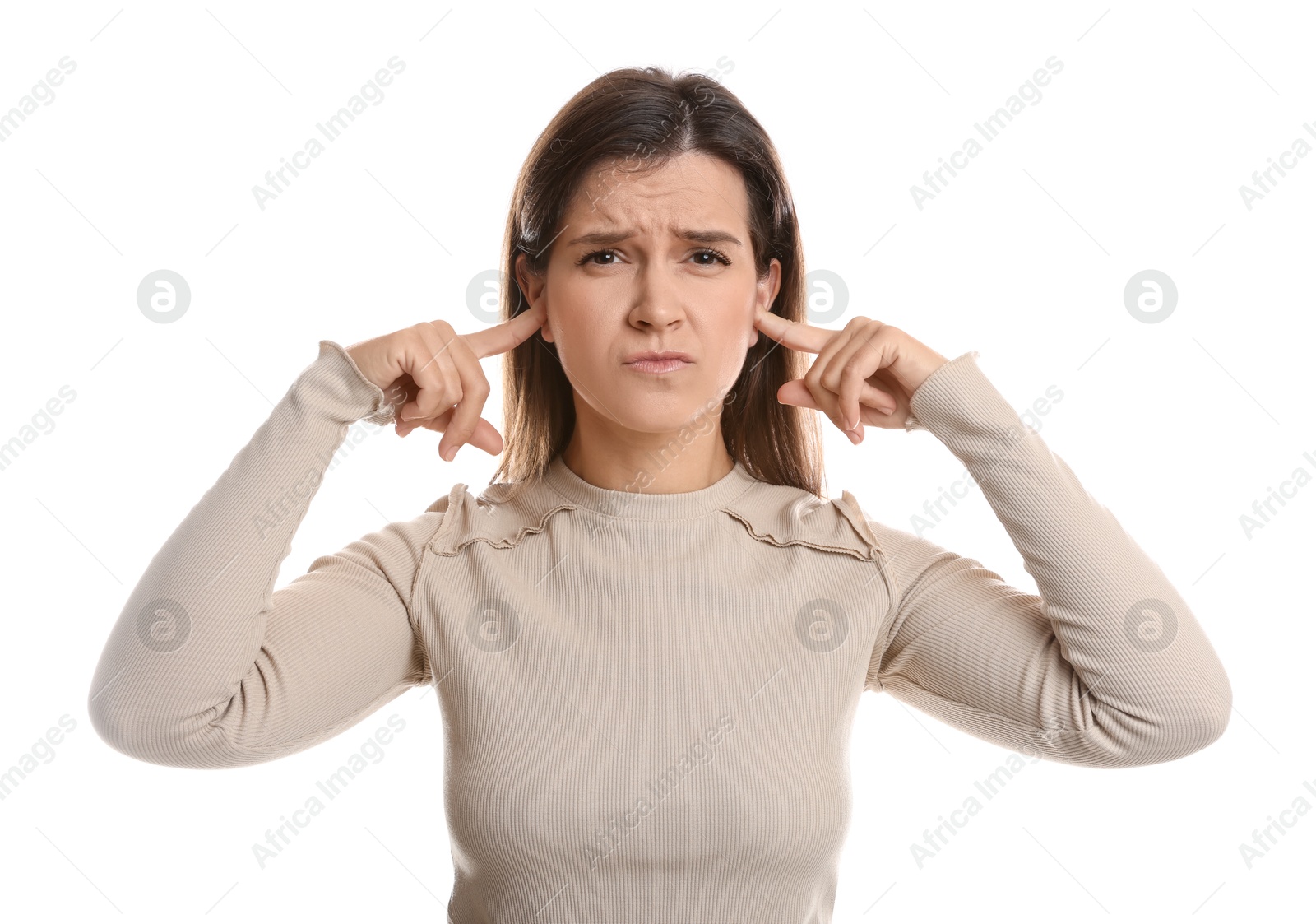 Photo of Woman covering his ears with fingers on white background