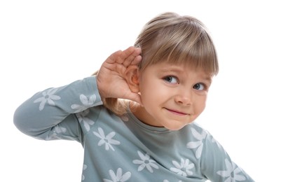 Photo of Little girl showing hand to ear gesture on white background