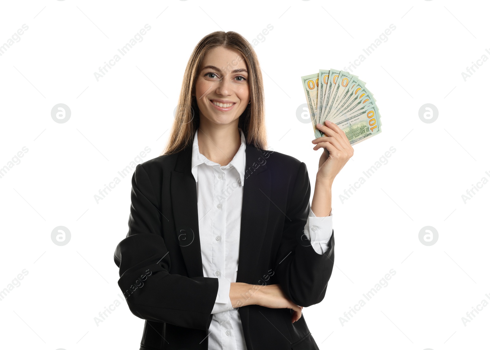 Photo of Portrait of banker with dollar banknotes on white background