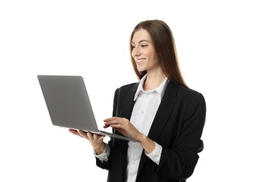 Photo of Portrait of banker with laptop on white background