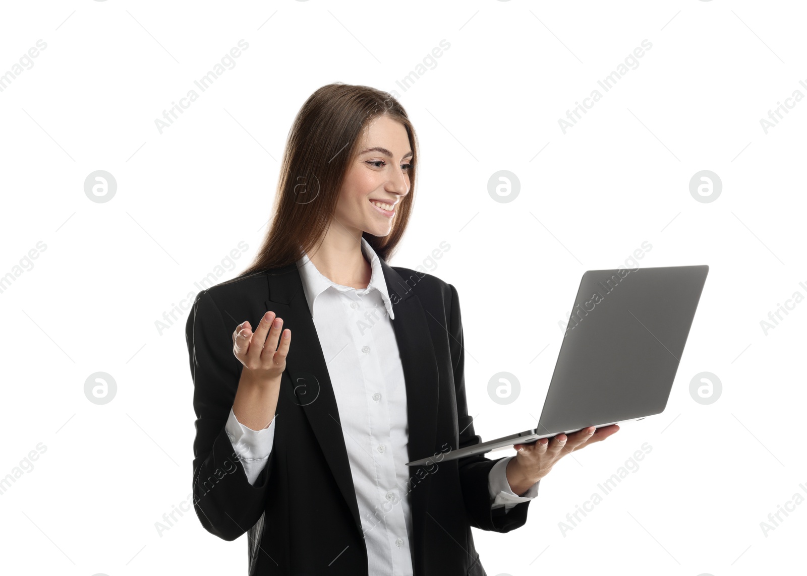 Photo of Portrait of banker with laptop on white background