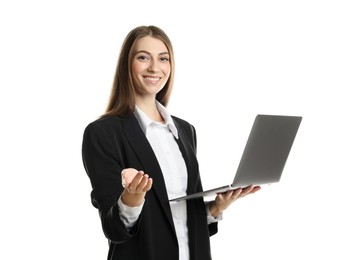 Photo of Portrait of banker with laptop on white background