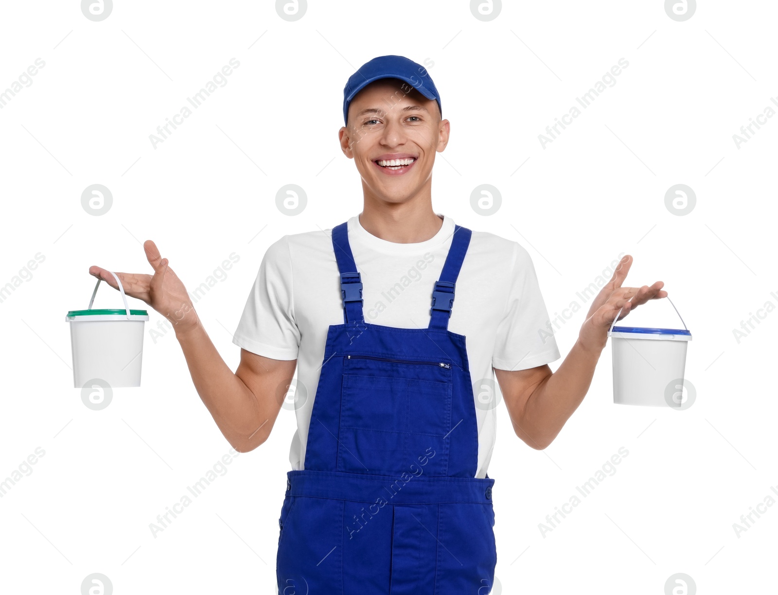 Photo of Portrait of young decorator with buckets on white background