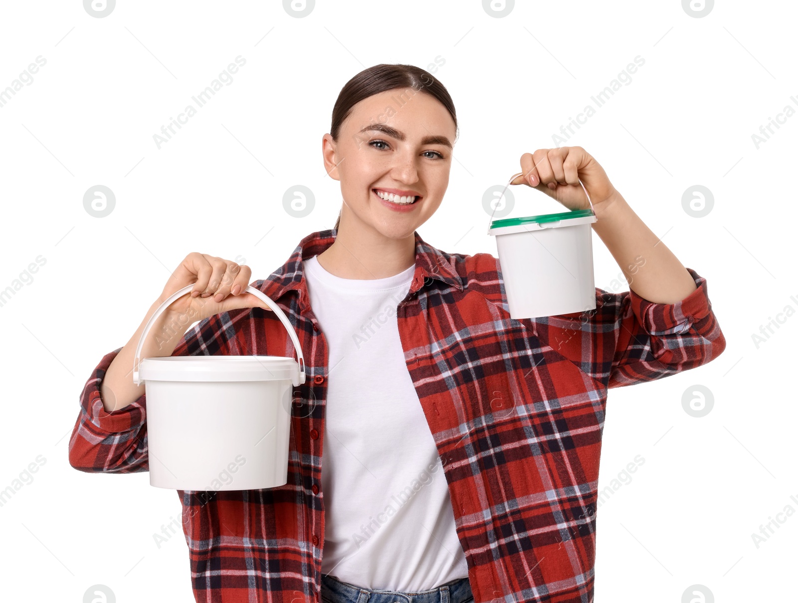 Photo of Portrait of young decorator with paint roller and bucket on white background