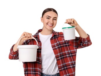 Photo of Portrait of young decorator with paint roller and bucket on white background