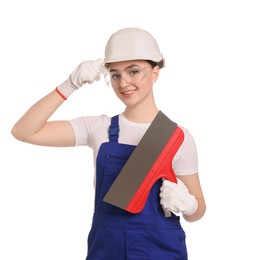 Photo of Portrait of young decorator with putty knife on white background