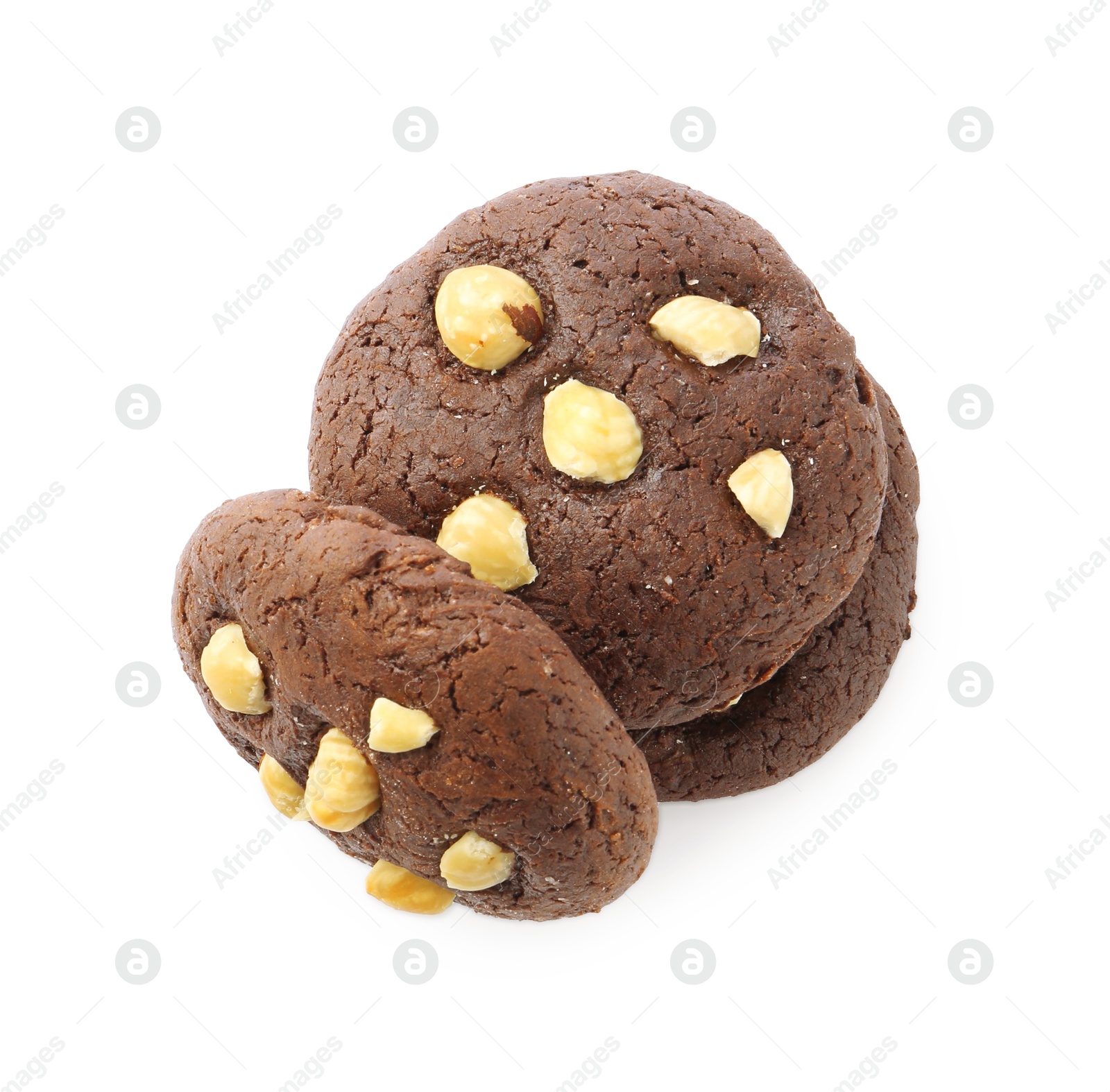 Photo of Tasty chocolate cookies with hazelnuts isolated on white, top view