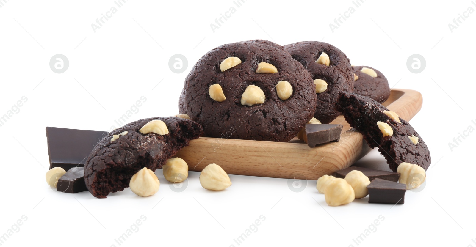 Photo of Tasty chocolate cookies with hazelnuts isolated on white