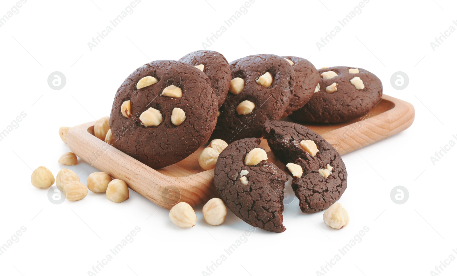 Photo of Tasty chocolate cookies with hazelnuts isolated on white