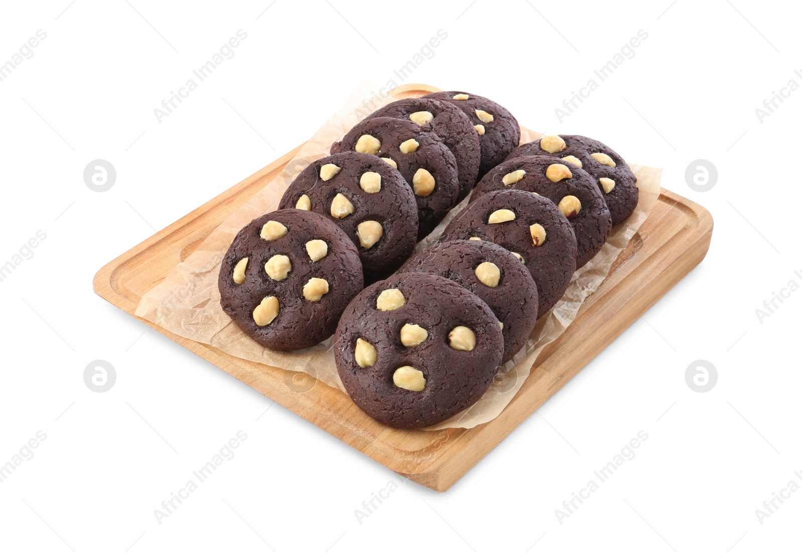 Photo of Tasty chocolate cookies with hazelnuts isolated on white