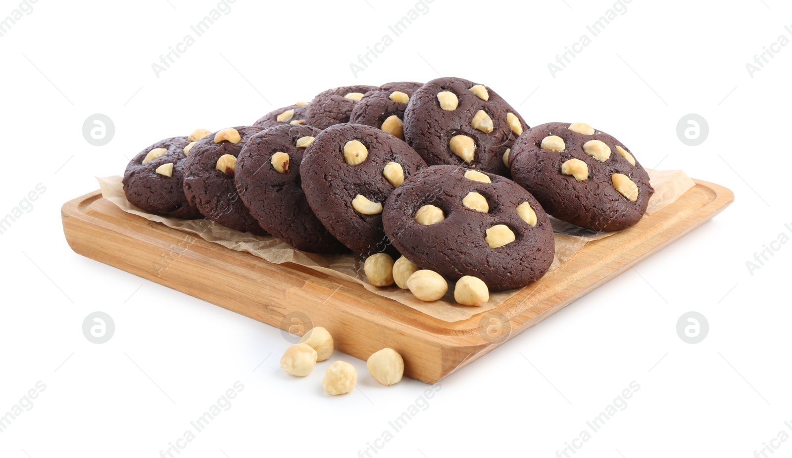 Photo of Tasty chocolate cookies with hazelnuts isolated on white