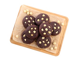 Photo of Tasty chocolate cookies with hazelnuts isolated on white, top view