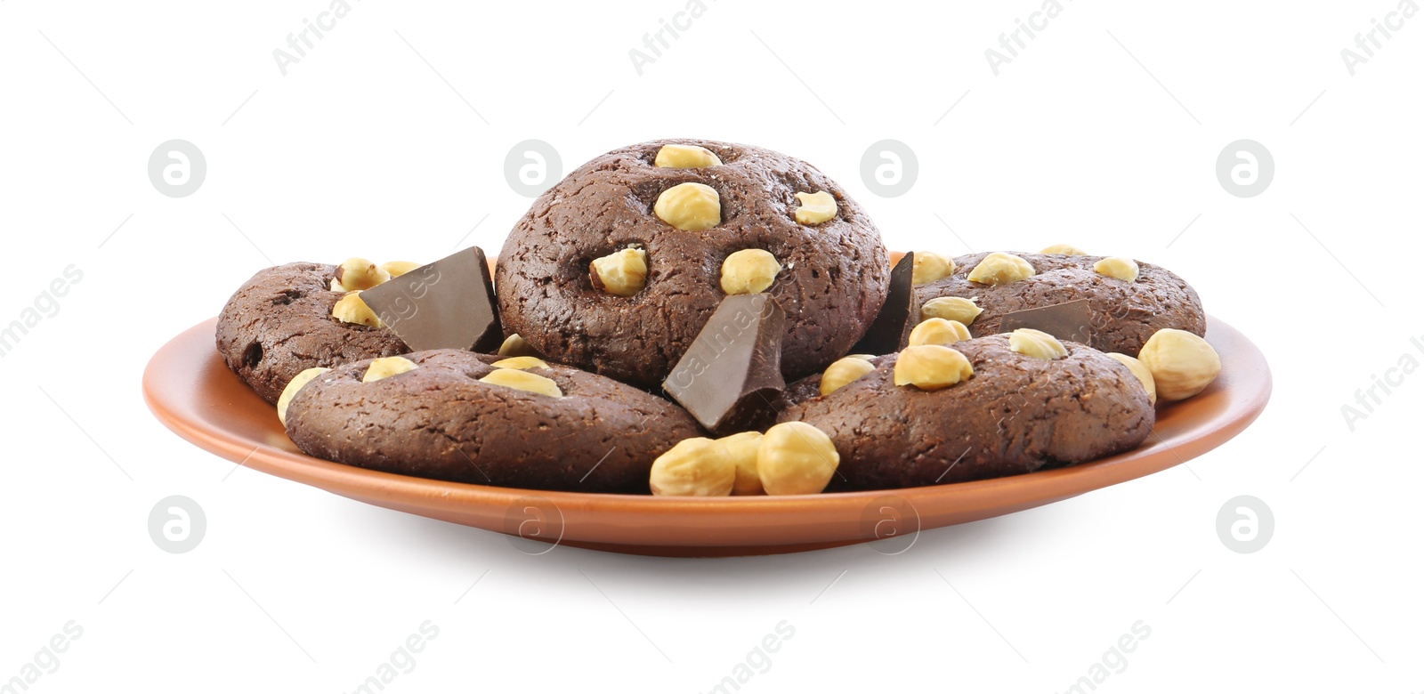 Photo of Tasty chocolate cookies with hazelnuts isolated on white