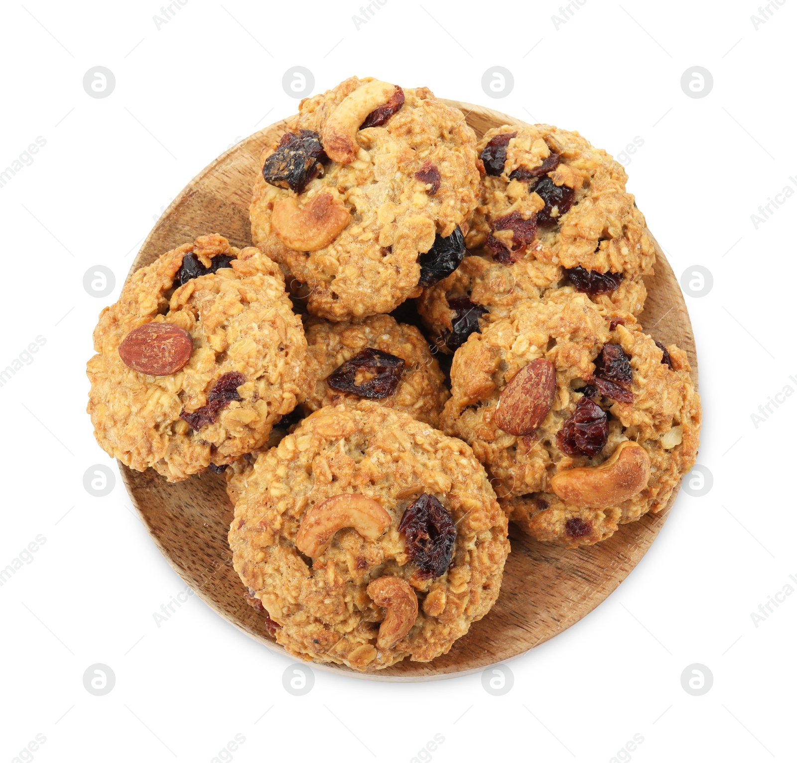 Photo of Delicious oatmeal cookies with dried cranberries and nuts isolated on white, top view