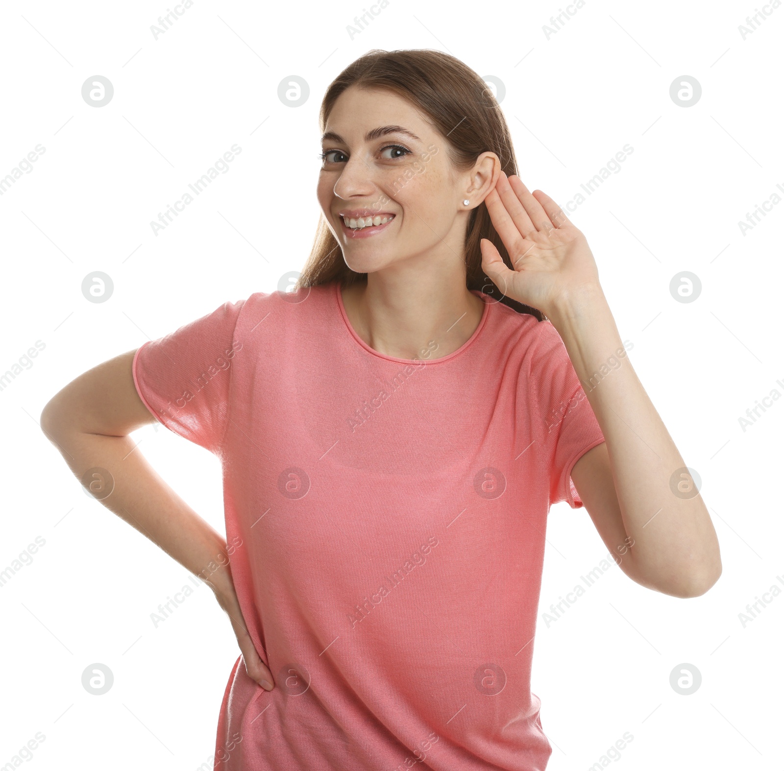 Photo of Woman showing hand to ear gesture on white background