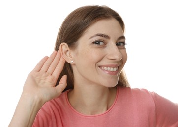 Photo of Woman showing hand to ear gesture on white background