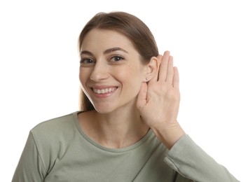 Photo of Woman showing hand to ear gesture on white background