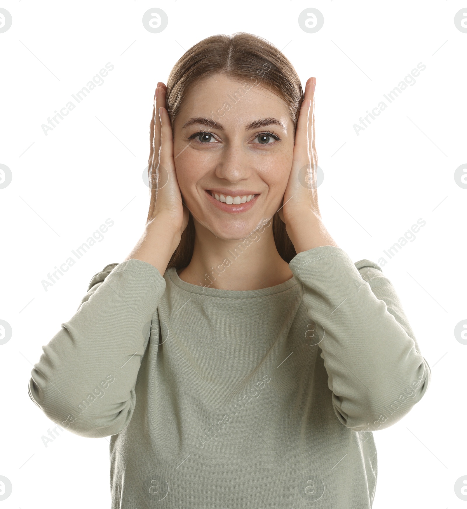 Photo of Woman covering her ears on white background