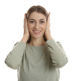 Photo of Woman covering her ears on white background