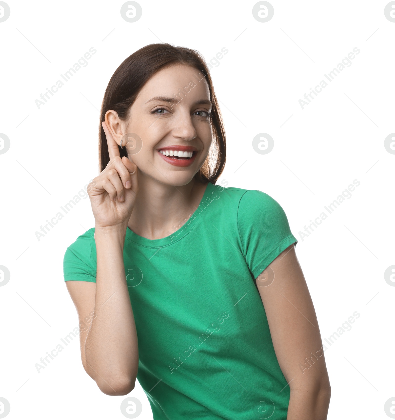 Photo of Woman showing hand to ear gesture on white background