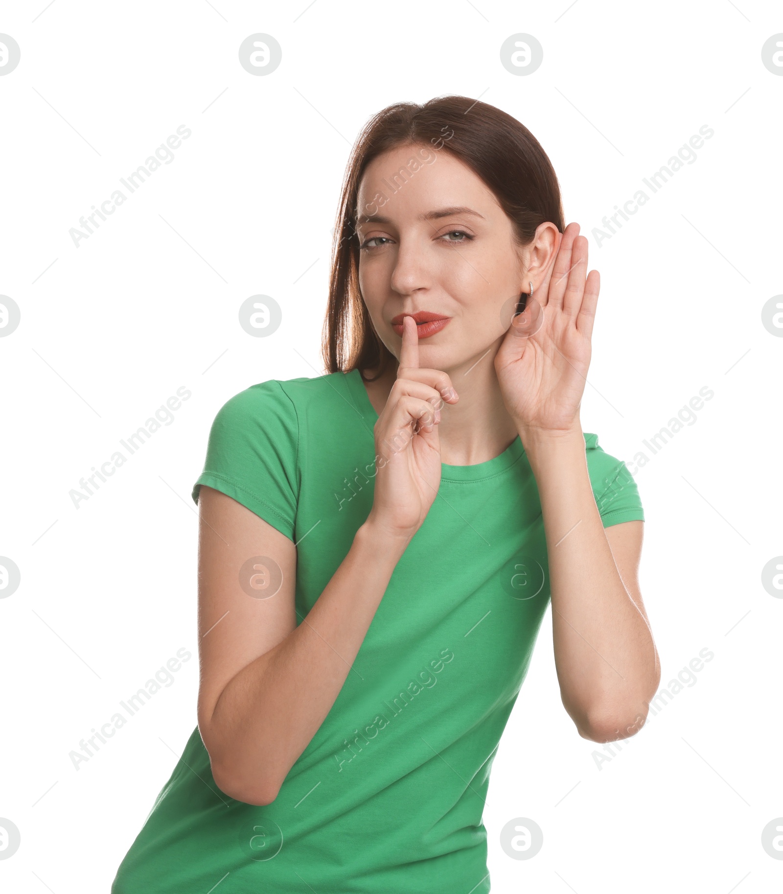 Photo of Woman showing hand to ear gesture on white background