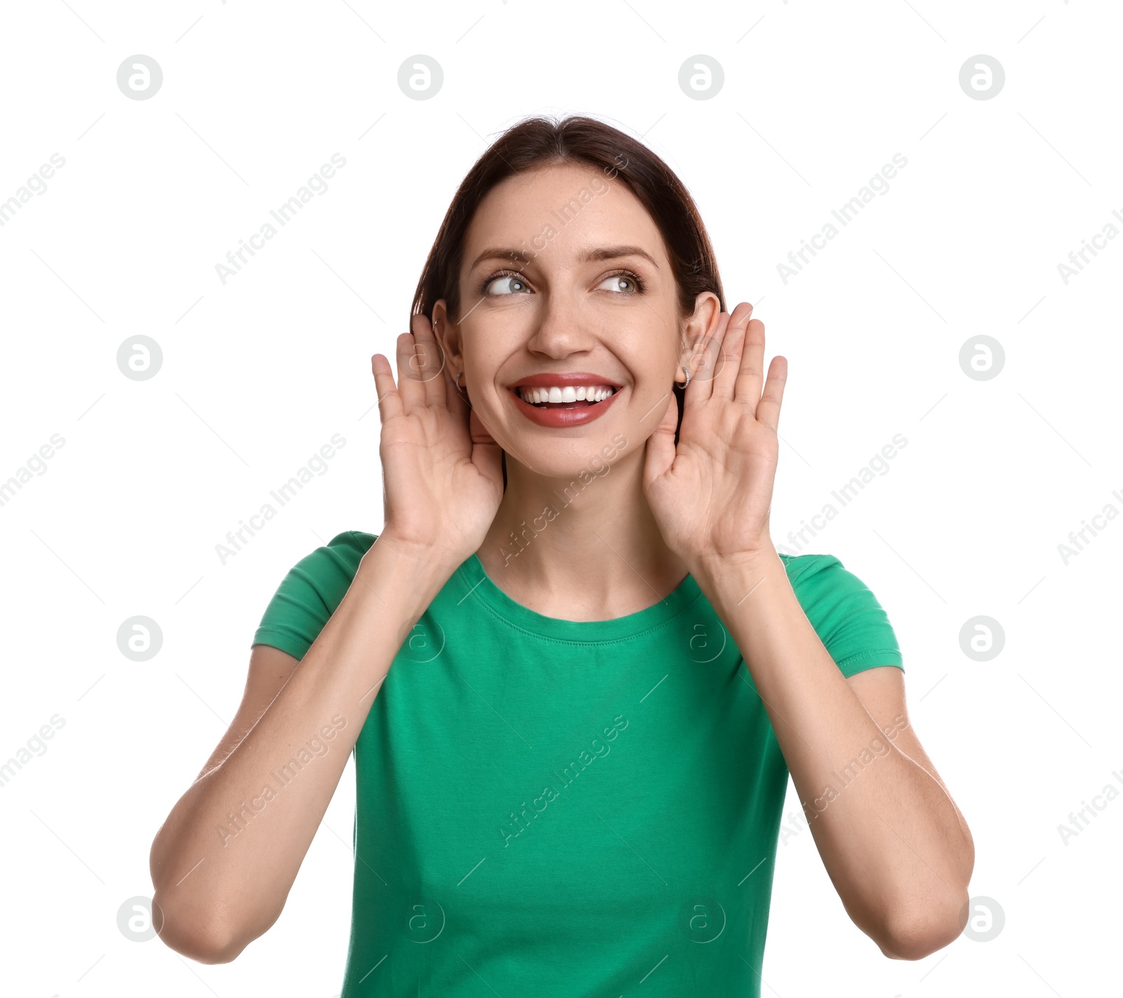 Photo of Woman showing hand to ear gesture on white background