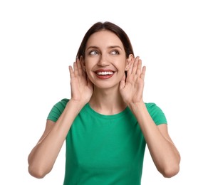 Photo of Woman showing hand to ear gesture on white background