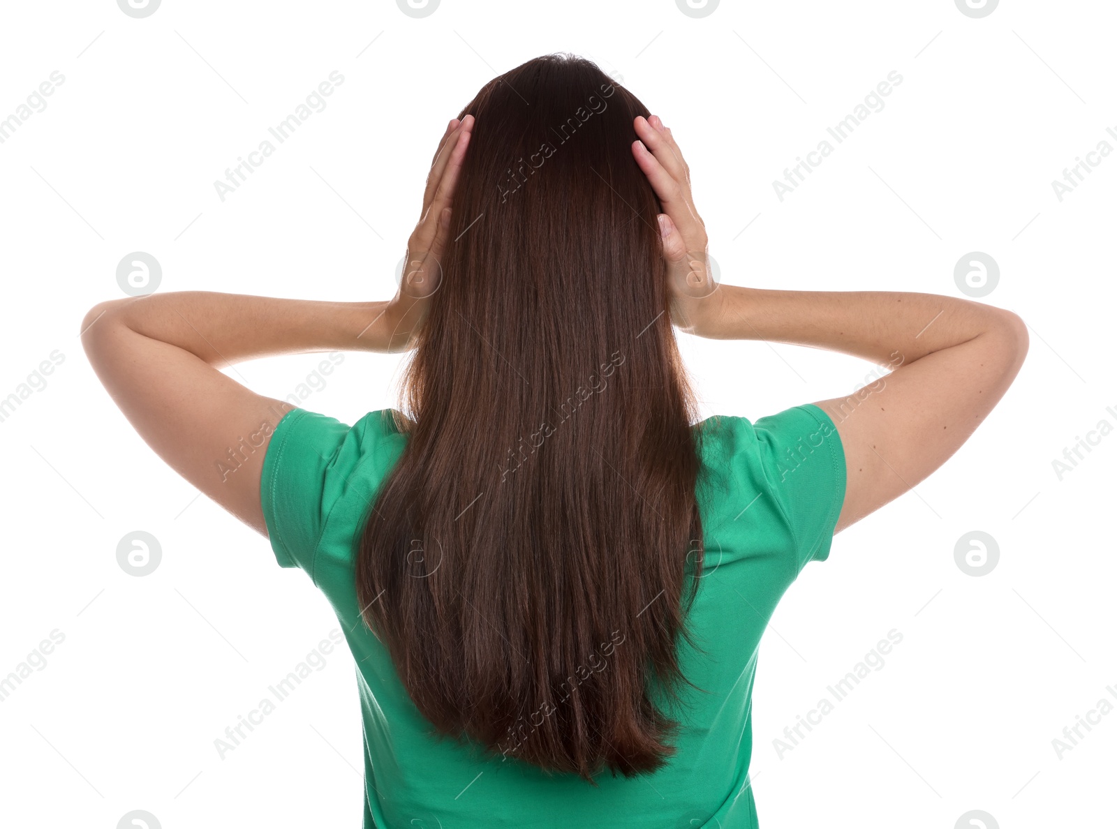 Photo of Woman covering her ears on white background, back view