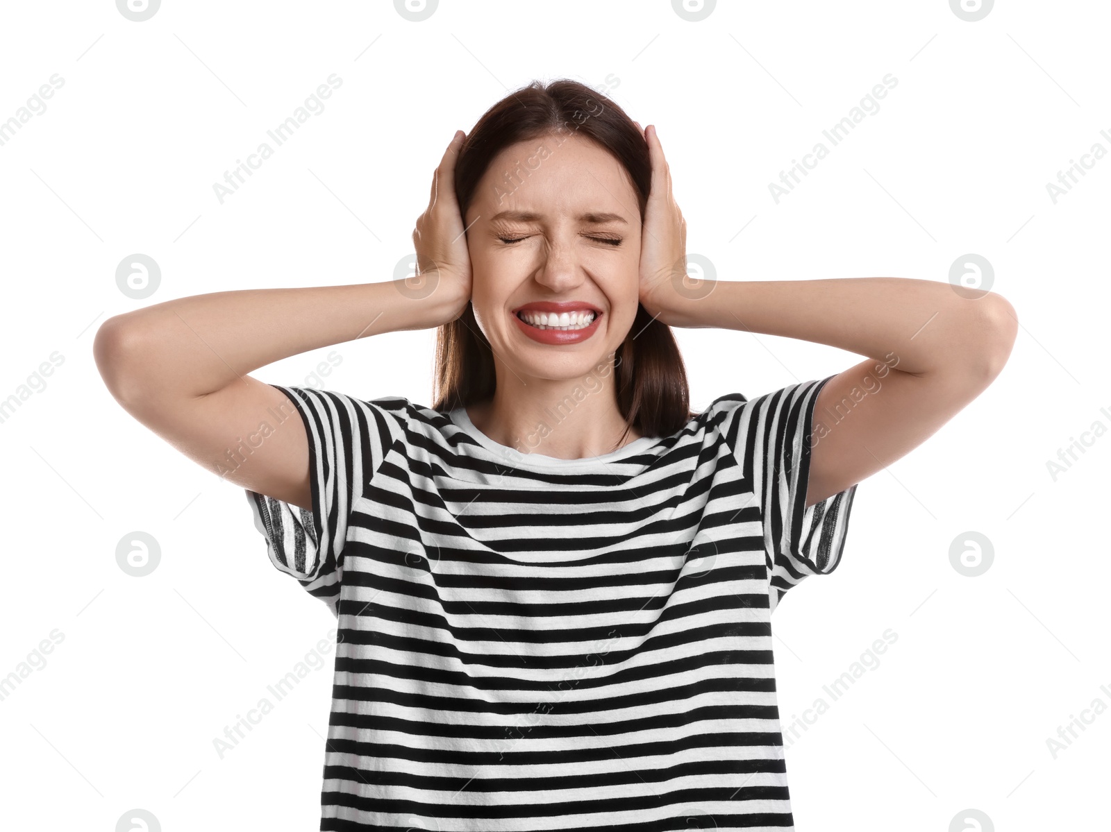 Photo of Woman covering her ears on white background