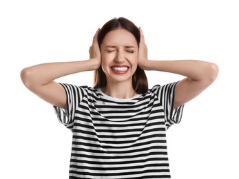 Photo of Woman covering her ears on white background