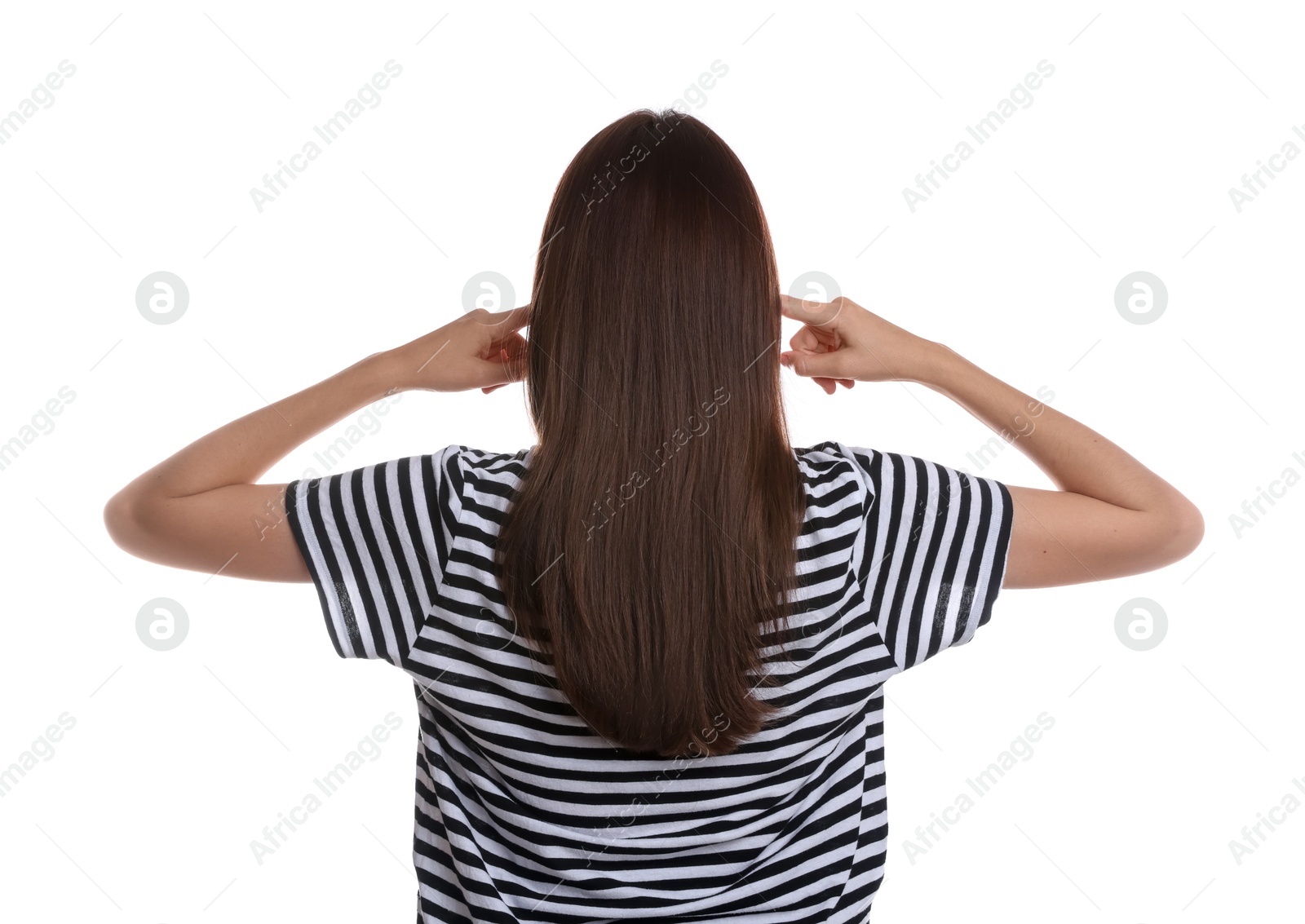 Photo of Woman covering her ears on white background, back view