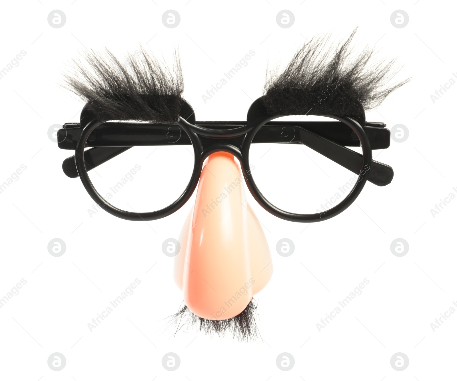 Photo of Funny eyeglasses with fake nose, mustache and eyebrows on white background