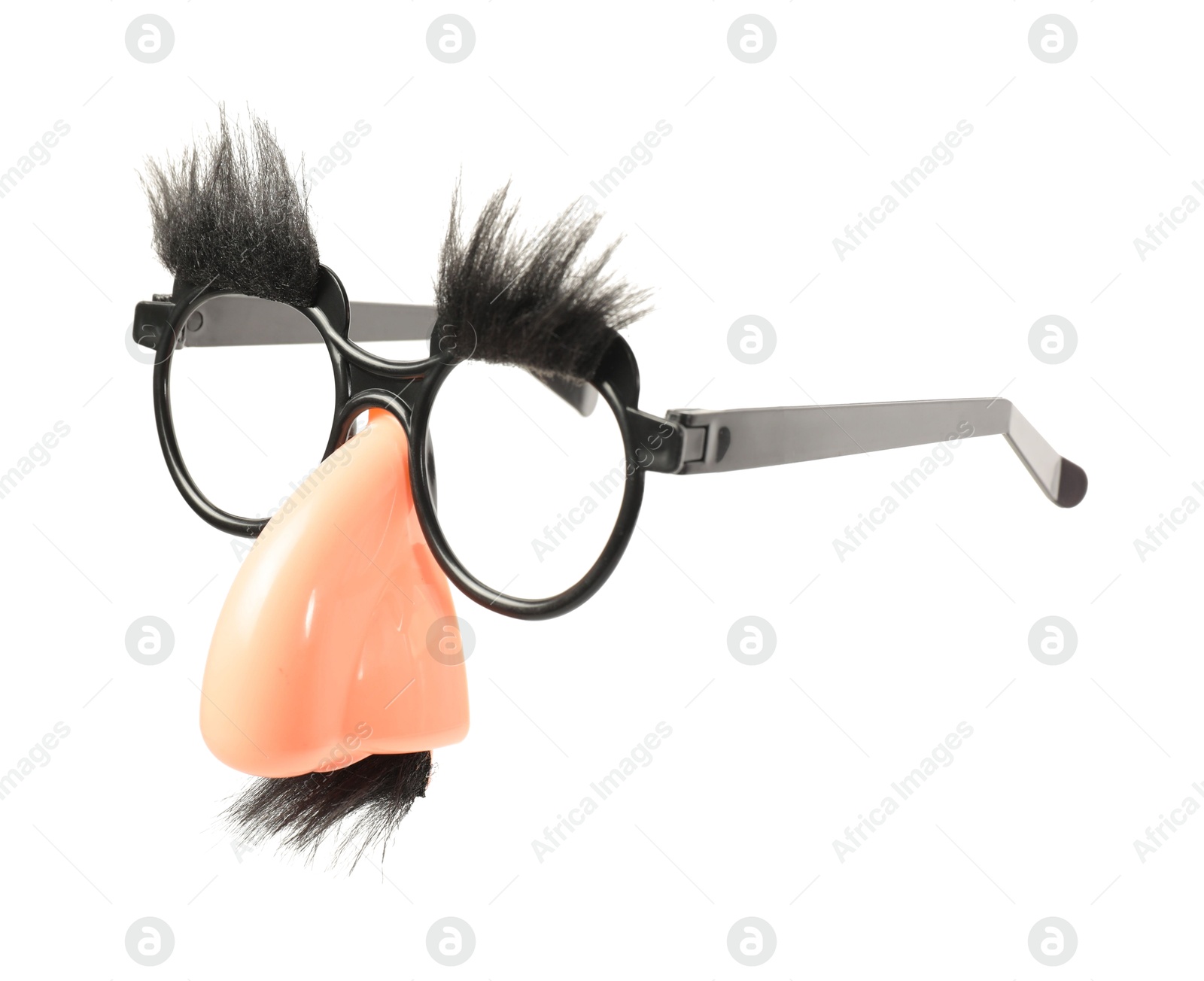 Photo of Funny eyeglasses with fake nose, mustache and eyebrows on white background