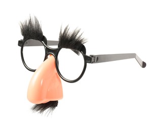 Photo of Funny eyeglasses with fake nose, mustache and eyebrows on white background