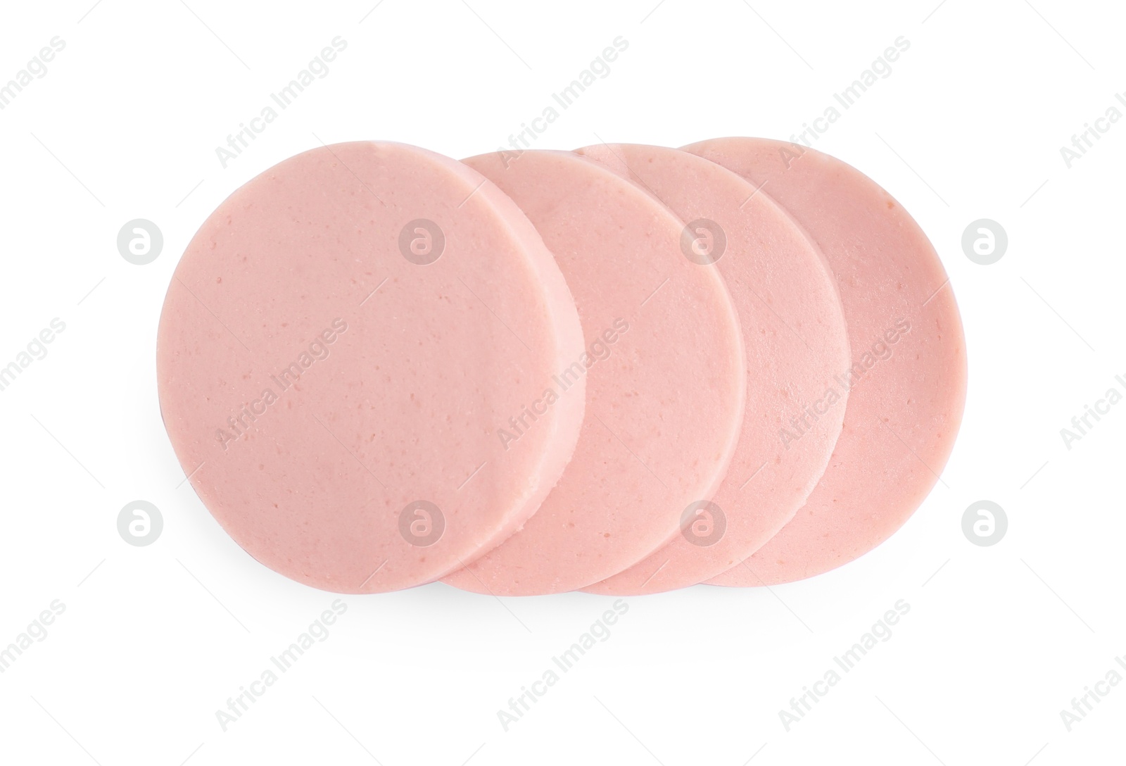 Photo of Slices of tasty boiled sausage isolated on white, top view