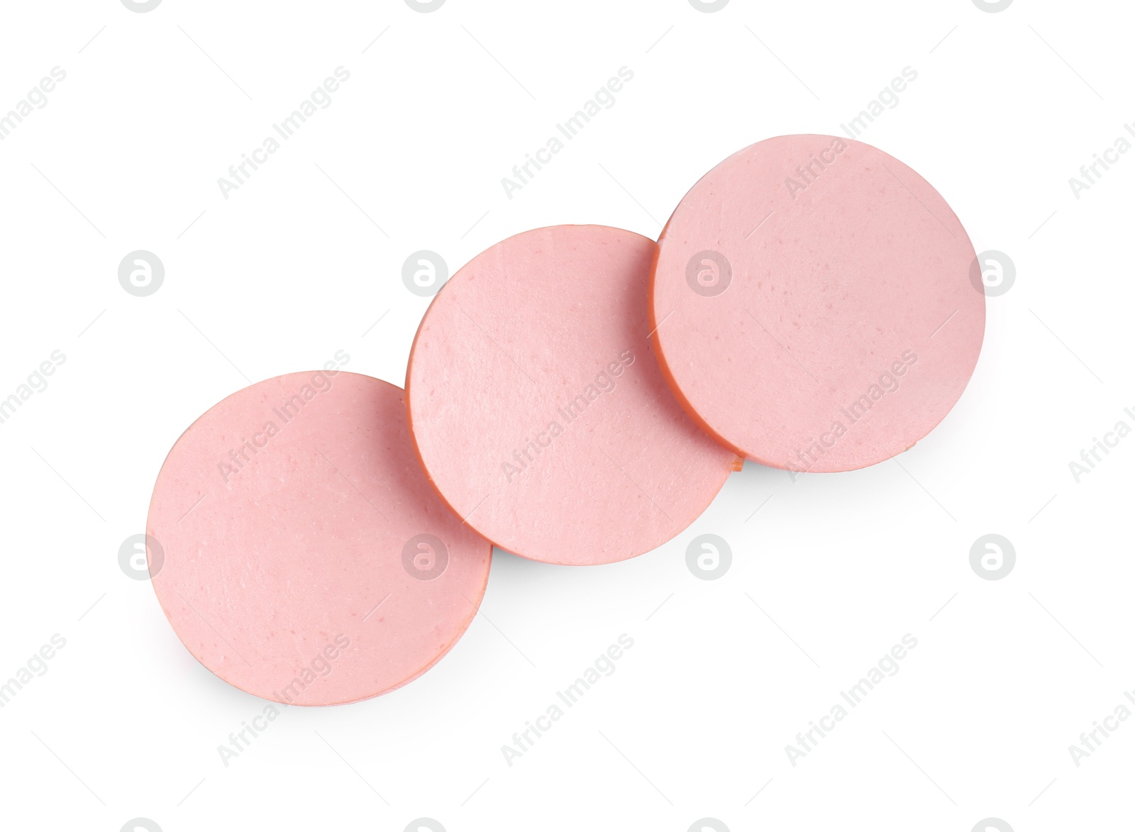 Photo of Slices of tasty boiled sausage isolated on white, top view