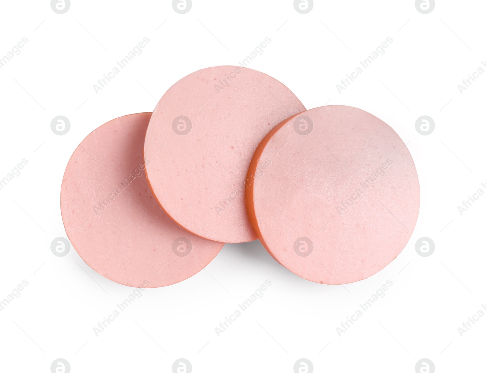 Photo of Slices of tasty boiled sausage isolated on white, top view