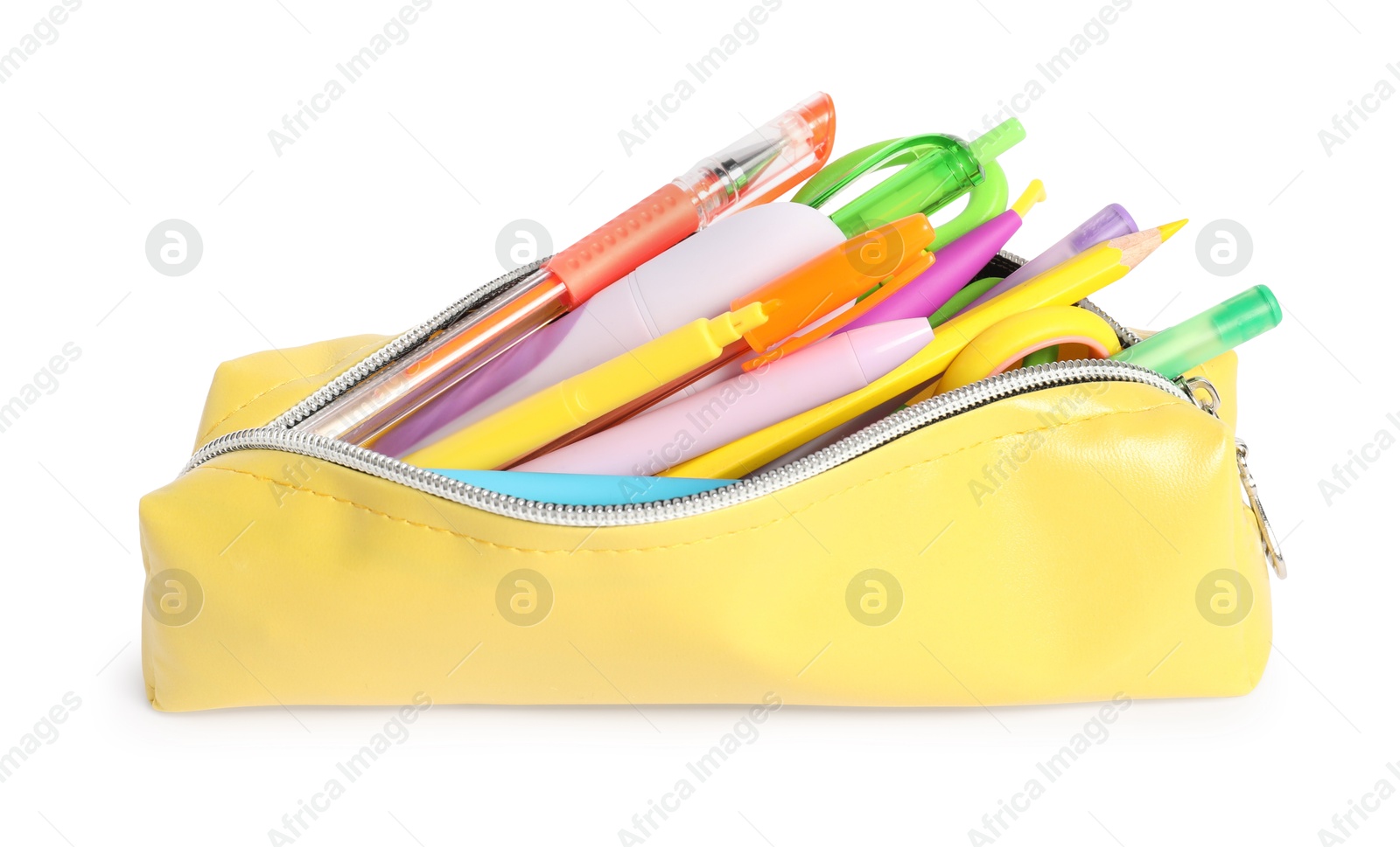 Photo of Different stationery in pencil case isolated on white