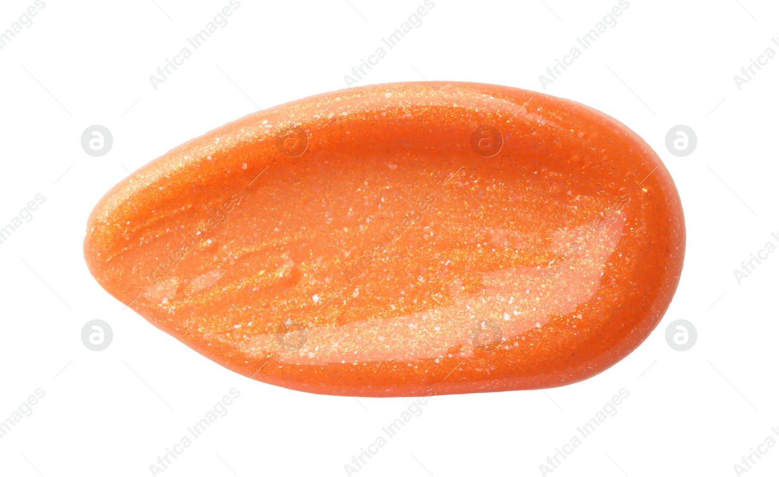 Photo of Orange lip gloss isolated on white, top view. Sample of cosmetic product