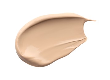 Photo of Skin foundation isolated on white, top view. Sample of cosmetic product