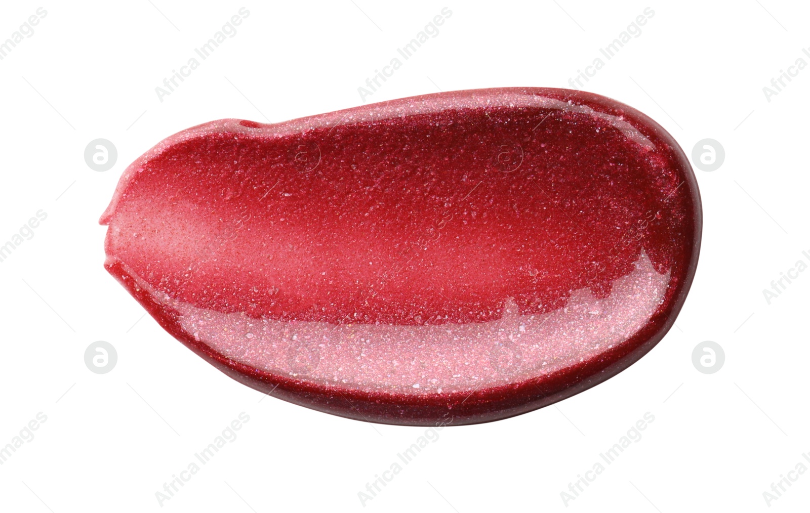 Photo of Bright lip gloss isolated on white, top view. Sample of cosmetic product