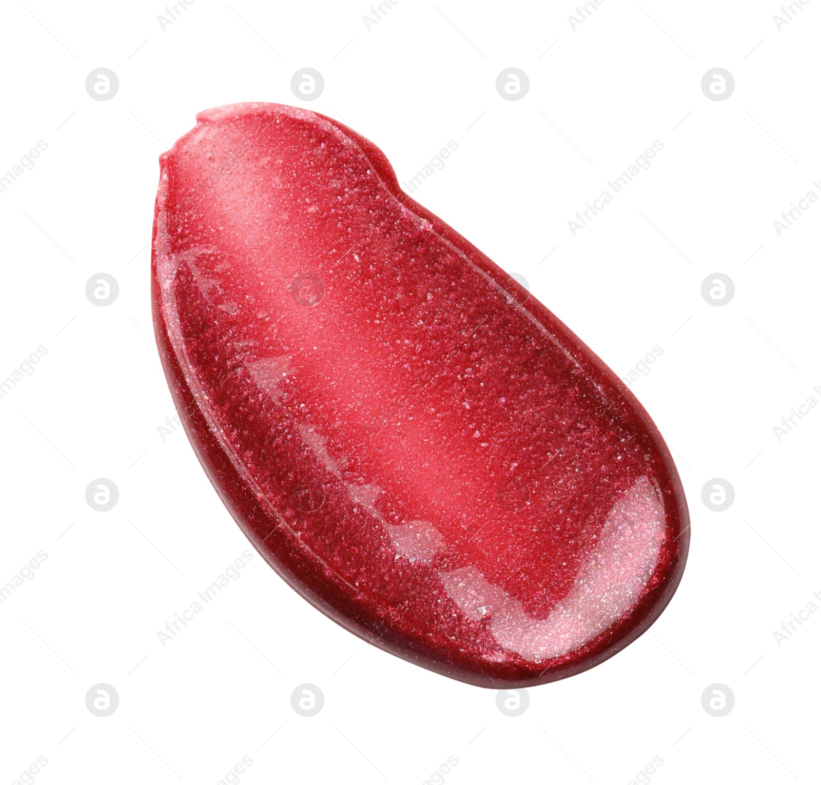 Photo of Bright lip gloss isolated on white, top view. Sample of cosmetic product