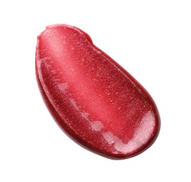 Photo of Bright lip gloss isolated on white, top view. Sample of cosmetic product