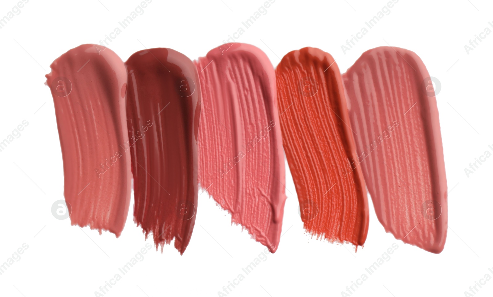 Photo of Different lipsticks isolated on white, top view. Samples of cosmetic product