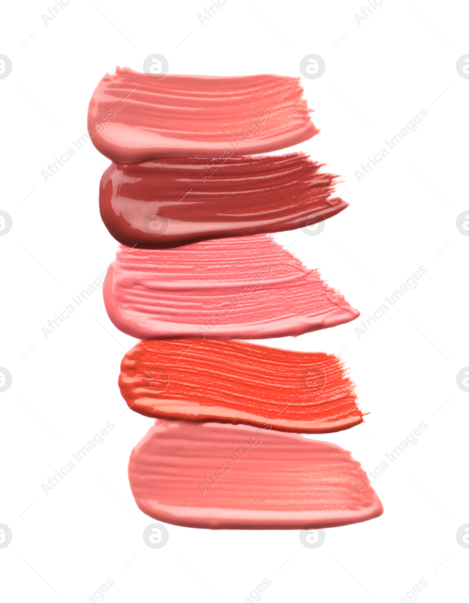 Photo of Different lipsticks isolated on white, top view. Samples of cosmetic product