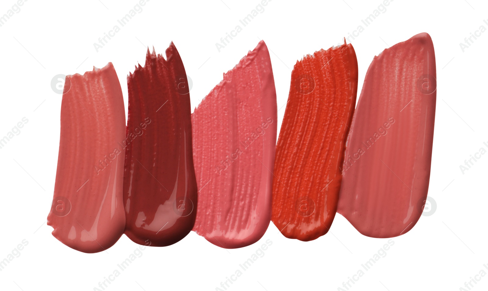 Photo of Different lipsticks isolated on white, top view. Samples of cosmetic product